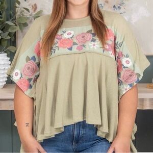 Savanna Jane Olive Green Floral Embroidered Boho Top NWT